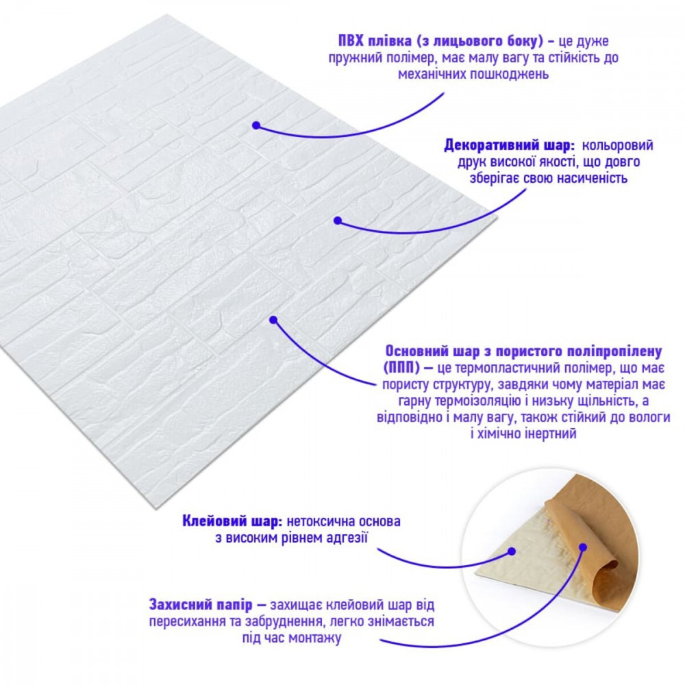 Самоклеюча декоративна 3D панель камінь Біла рвана цегла700х770х5мм (155) SW-00000484