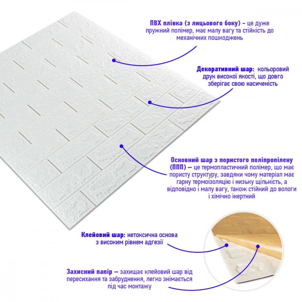 3D панель самоклеюча цегла Білий 700х770х5мм (001-5) SW-00000029