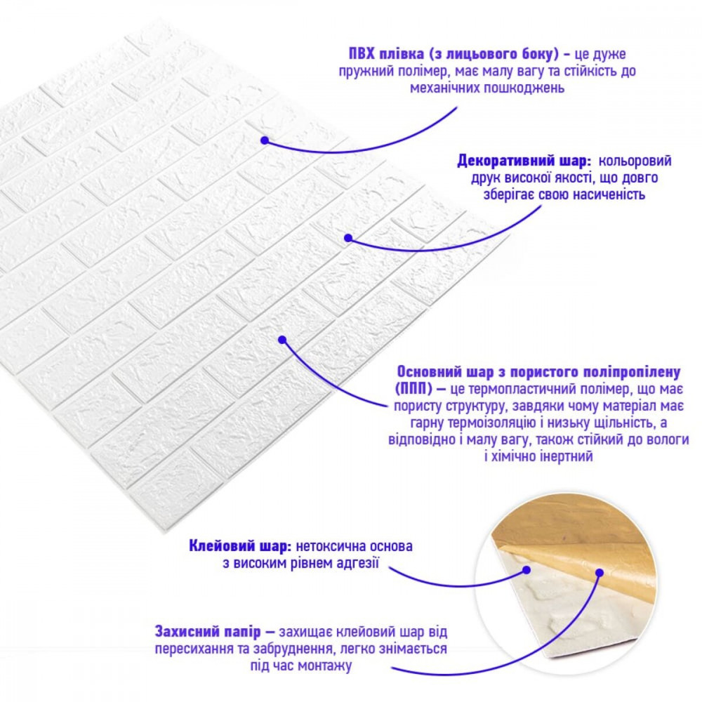 3D панель самоклеюча цегла Білий Матовий 700х770х5мм (001-5M) SW-00000587