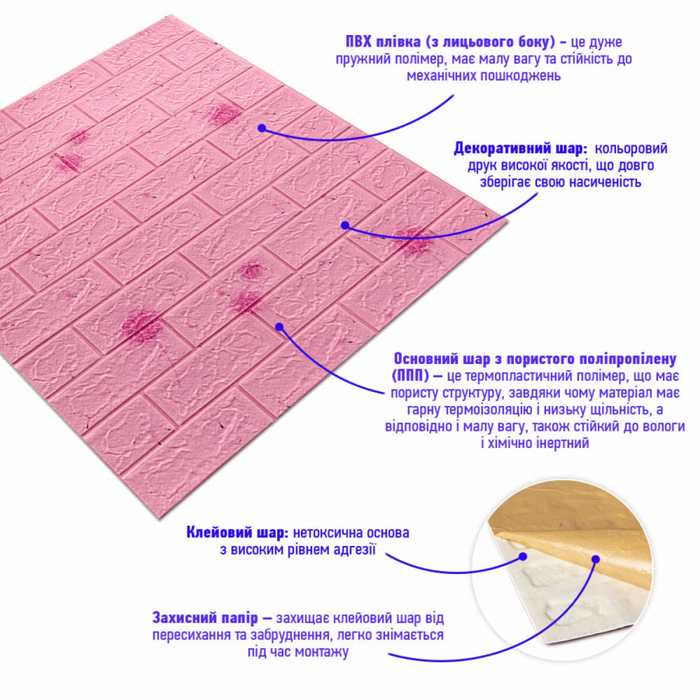 Декоративна 3D панель самоклейка під світло-рожевий цегла Кульбабка 700х770х5мм (022) SW-00000023
