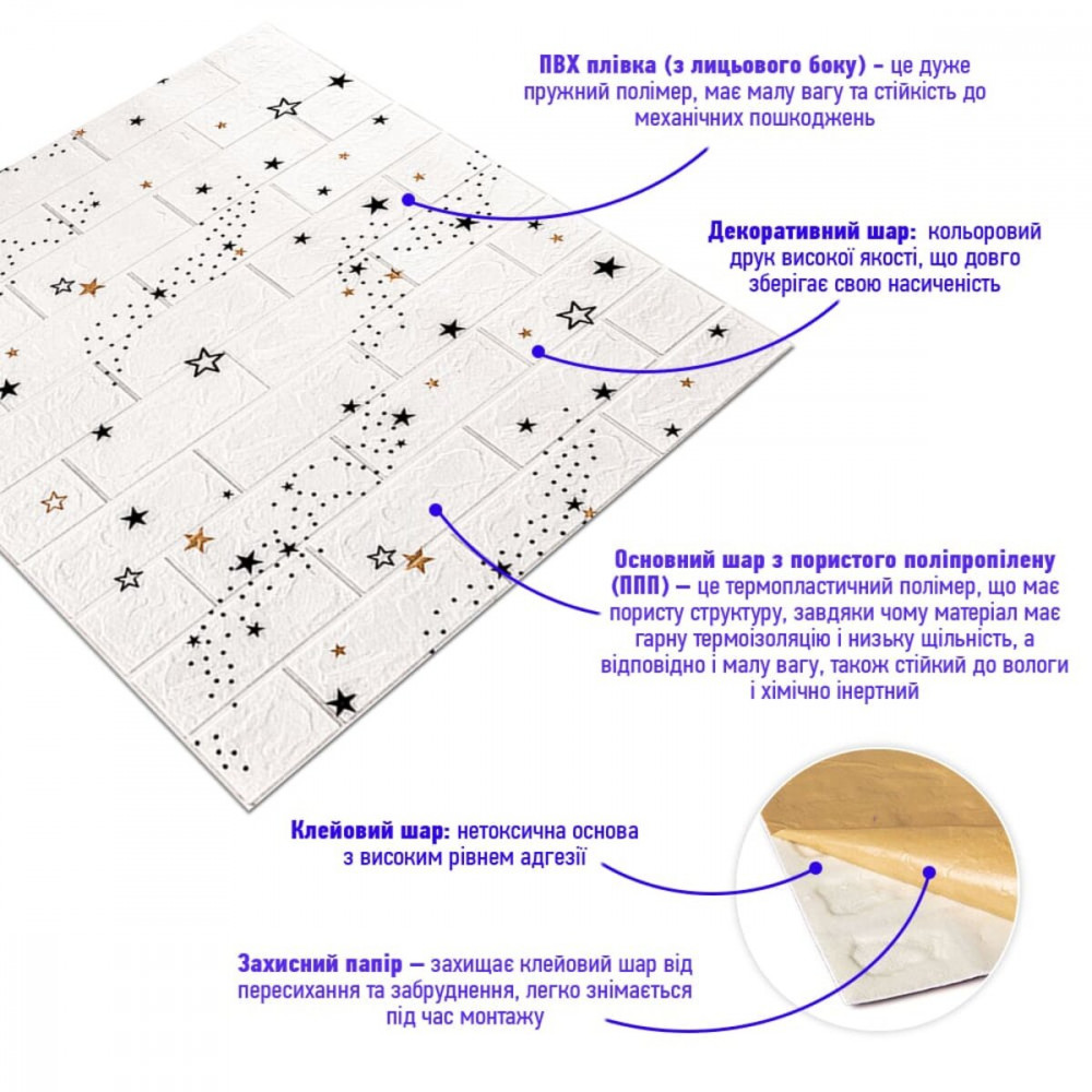 Декоративна 3D панель самоклейка під білий цегла Зірки 700х770х3мм (021-3) SW-00000693