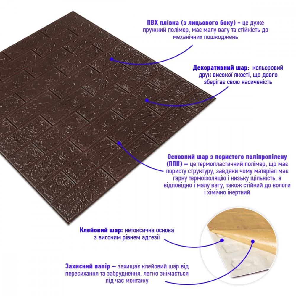 3D панель самоклеюча цегла Чорний шоколад 700х770х3мм (018-3) SW-00000543