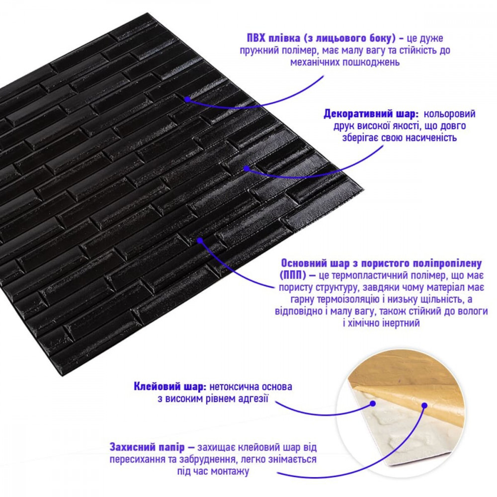 3D панель самоклеюча кладка чорна 700х770х7мм (038) SW-00000303
