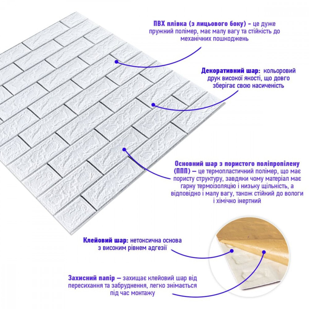 Самоклеюча 3D панель цегла біла смужка срібло 700х770х5мм (100-5) SW-00000753