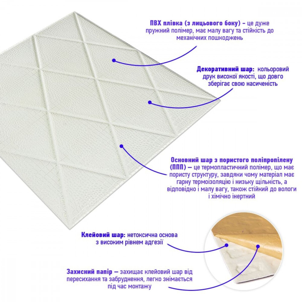 Самоклеюча декоративна настінно-стельова 3D панель Ромби під шкіру 700х700х6мм (161) SW-00000221