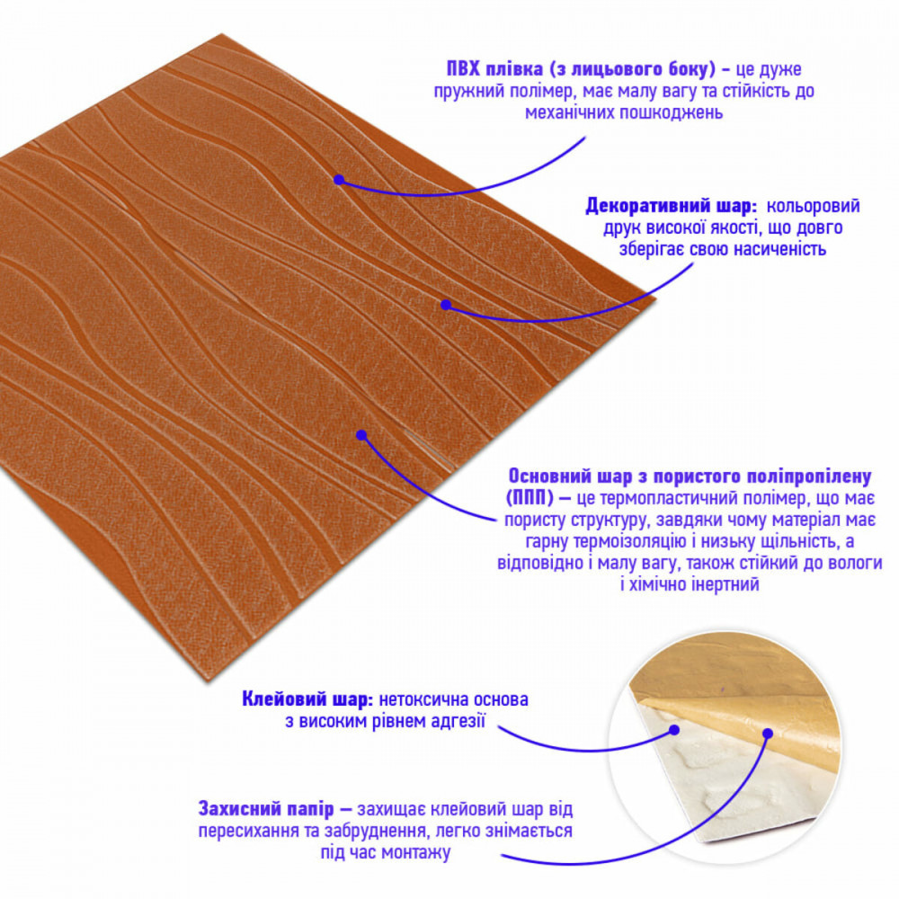 Самоклеюча декоративна настінно-стельова 3D панель коричневі хвилі 700x700x7мм (366) SW-00000849